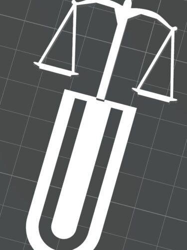 Modelo digital 3D de um marcador de página branco com o símbolo da Balança da Justiça no topo e base em formato de clipe em U.