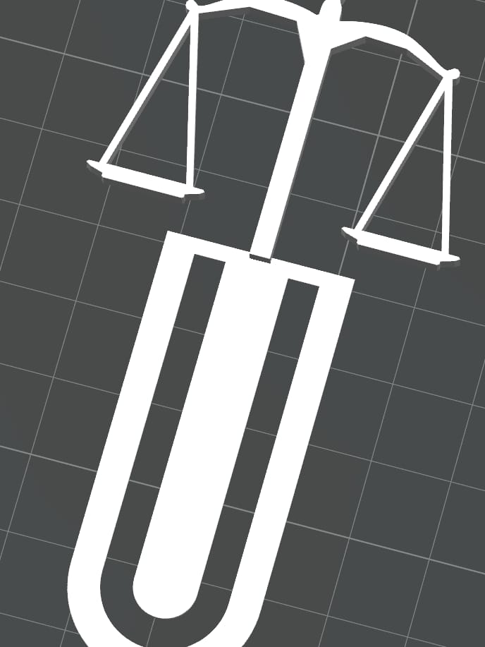Modelo digital 3D de um marcador de página branco com o símbolo da Balança da Justiça no topo e base em formato de clipe em U.