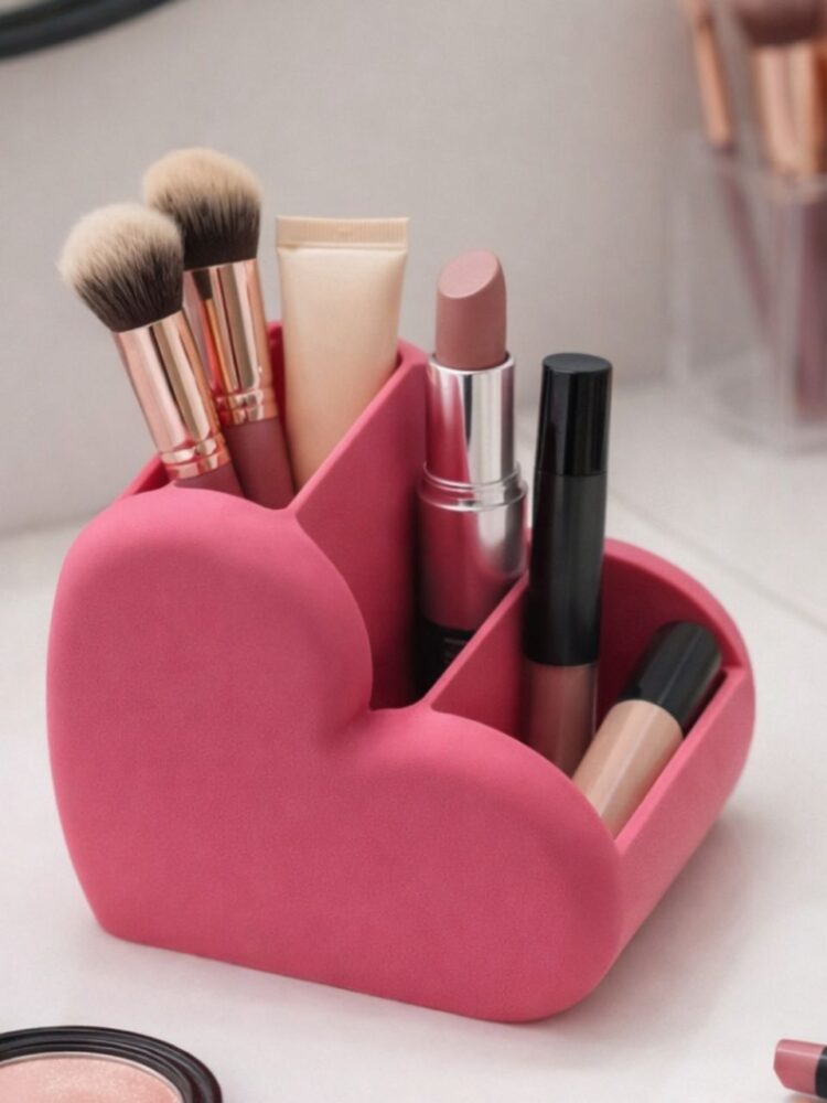 Visão em ângulo de um organizador de maquiagem rosa-pink em formato de coração com acabamento fosco suave. O organizador possui três divisórias internas em diferentes níveis de altura e está posicionado sobre uma bancada clara, acomodando dois pincéis de cerdas cheias, uma bisnaga de base, um batom aberto, um rímel e um corretivo líquido.