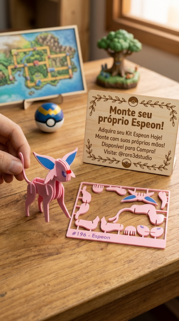 Kit de Montar Pokémon Espeon #196 Impresso em 3D – Card de Peças DIY Model Kit Colecionável