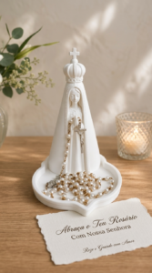 Porta Terço Nossa Senhora de Fátima 3D com Bandeja – Imagem Sacra com Prato Integrado e Coroa