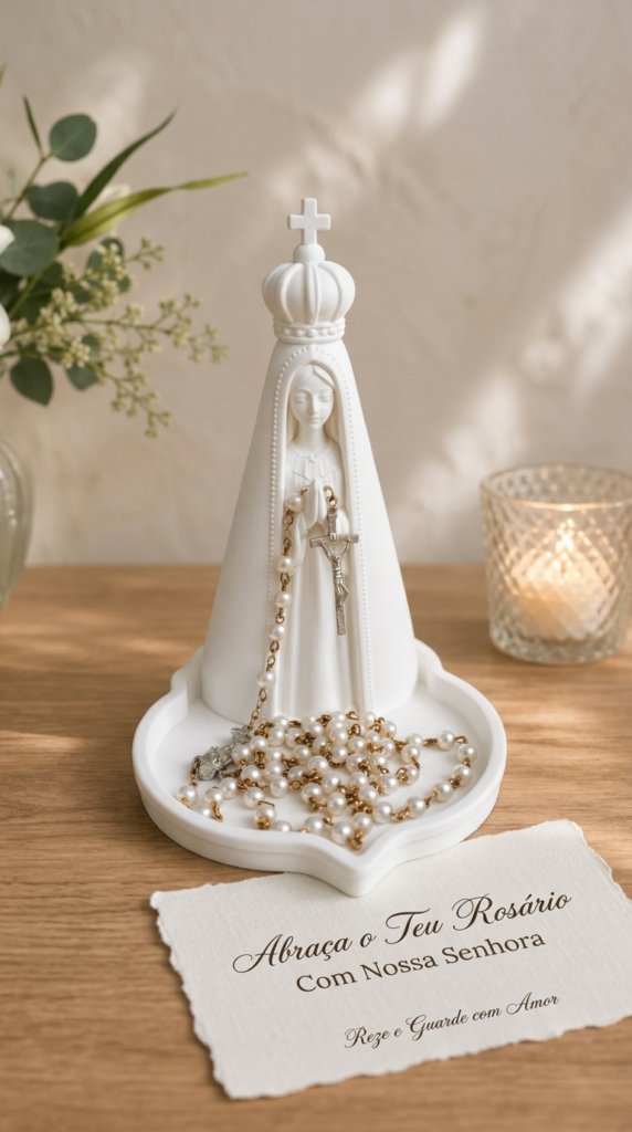 Porta Terço Nossa Senhora de Fátima 3D com Bandeja – Imagem Sacra com Prato Integrado e Coroa
