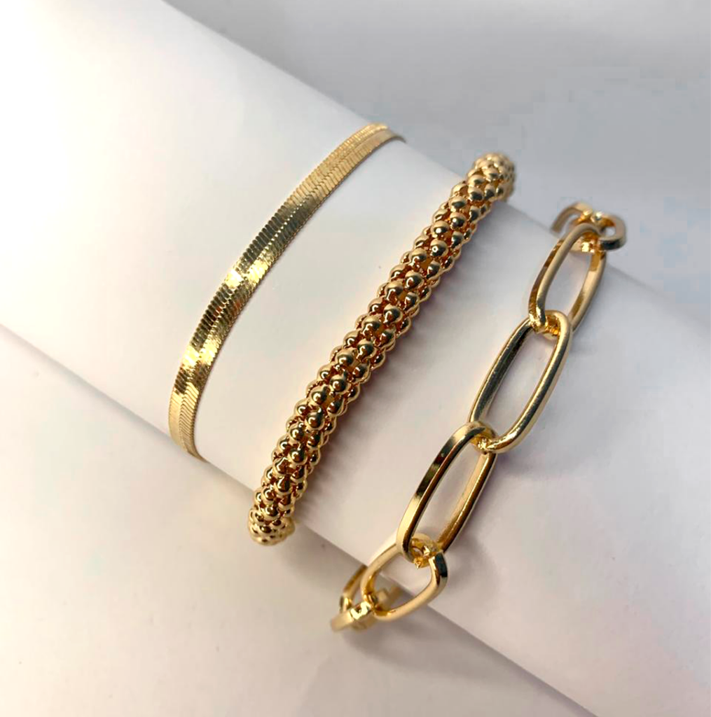 kit 3 pulseiras de aço inoxidável douradas